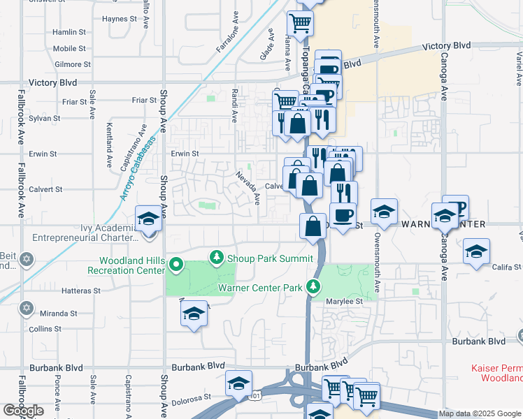 map of restaurants, bars, coffee shops, grocery stores, and more near 6030 Nevada Avenue in Los Angeles
