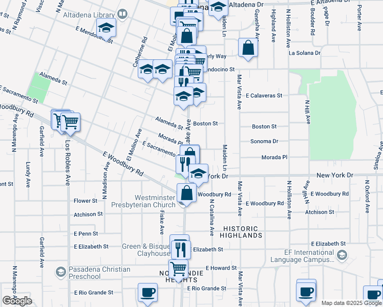 map of restaurants, bars, coffee shops, grocery stores, and more near 931 Morada Place in Altadena