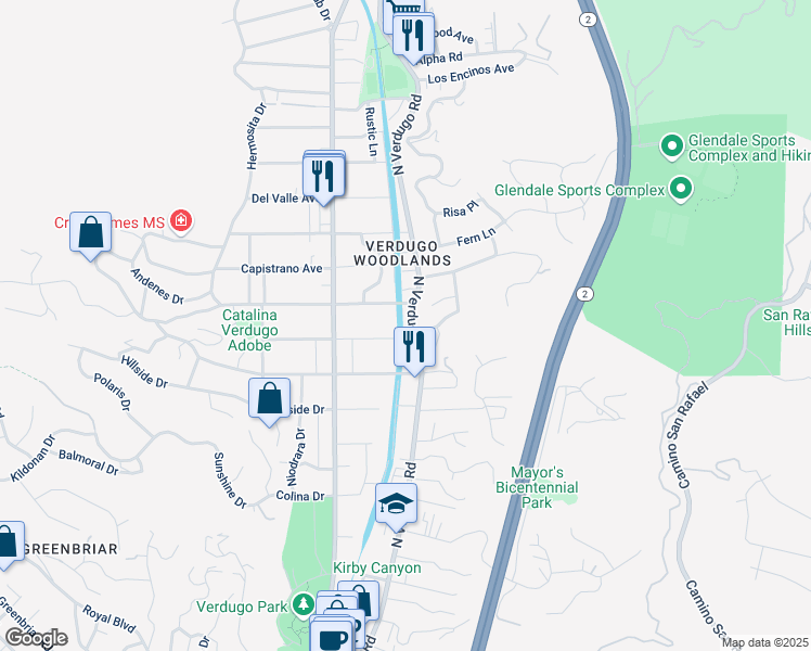 map of restaurants, bars, coffee shops, grocery stores, and more near 1800 Coro Terrace in Glendale