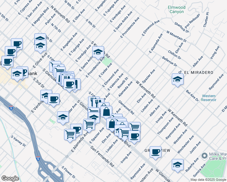 map of restaurants, bars, coffee shops, grocery stores, and more near 611 East Valencia Avenue in Burbank