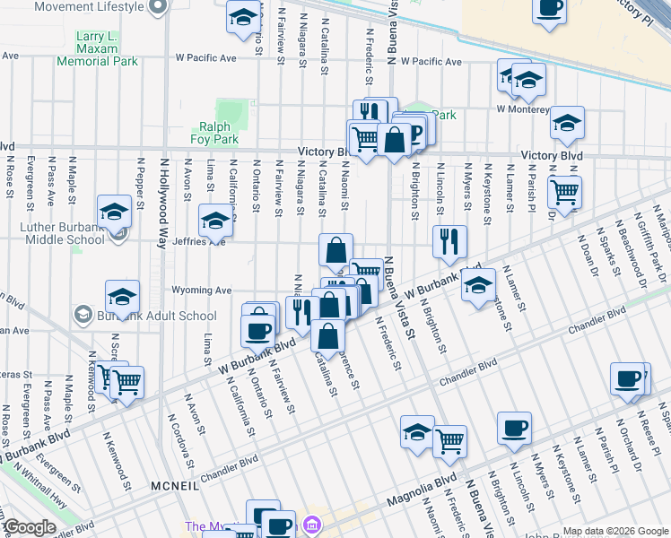 map of restaurants, bars, coffee shops, grocery stores, and more near 1333 North Naomi Street in Burbank