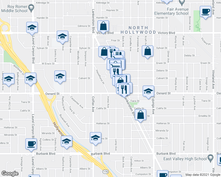 map of restaurants, bars, coffee shops, grocery stores, and more near 6036 Hazelhurst Place in Los Angeles