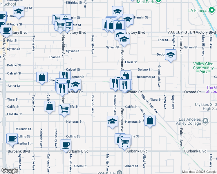 map of restaurants, bars, coffee shops, grocery stores, and more near 13813 Oxnard Street in Los Angeles
