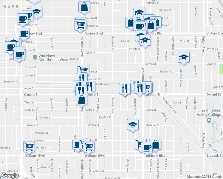 map of restaurants, bars, coffee shops, grocery stores, and more near 13855 Oxnard Street in Los Angeles
