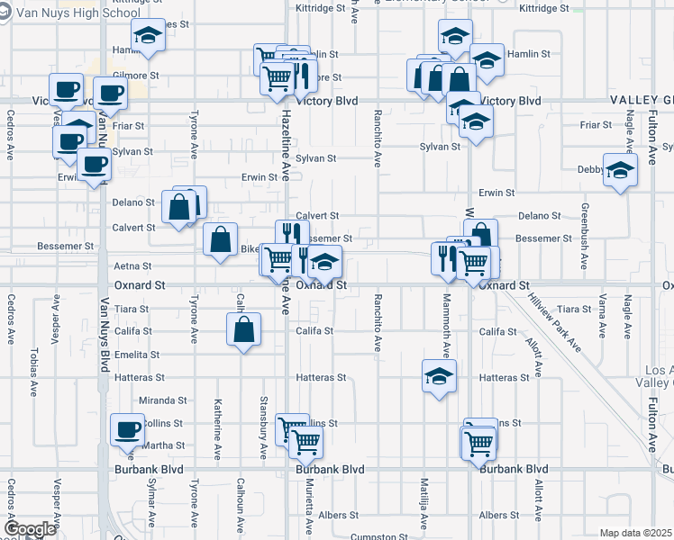 map of restaurants, bars, coffee shops, grocery stores, and more near 13955 Oxnard Street in Los Angeles