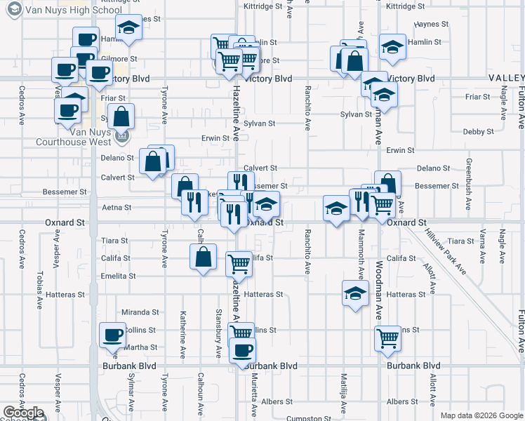 map of restaurants, bars, coffee shops, grocery stores, and more near 14037 Oxnard Street in Los Angeles