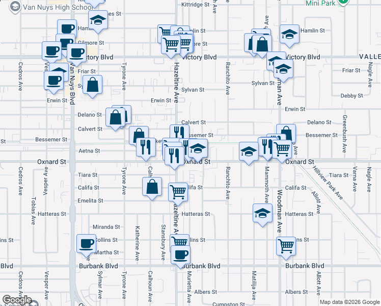 map of restaurants, bars, coffee shops, grocery stores, and more near 14037 Oxnard Street in Los Angeles