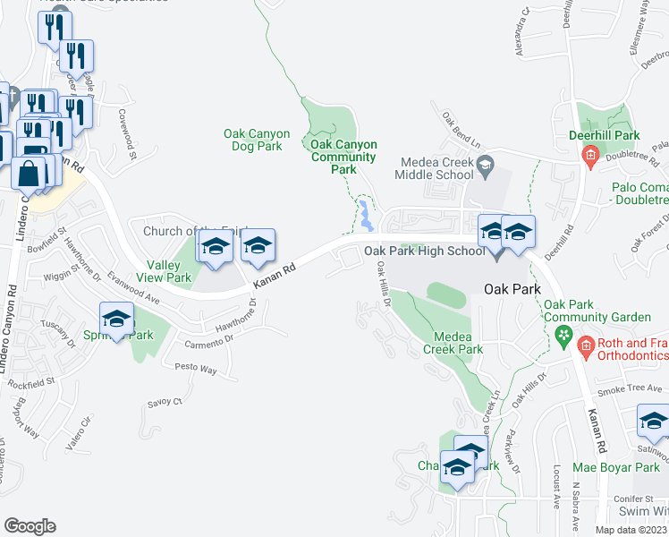 map of restaurants, bars, coffee shops, grocery stores, and more near 5423 Spanish Oak Lane in Oak Park