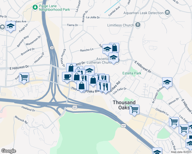 map of restaurants, bars, coffee shops, grocery stores, and more near 1382 East Hillcrest Drive in Thousand Oaks