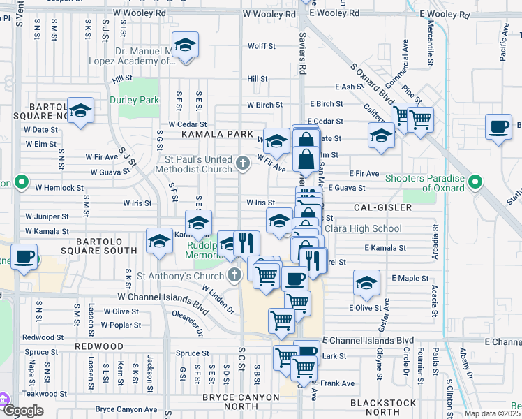 map of restaurants, bars, coffee shops, grocery stores, and more near in Oxnard