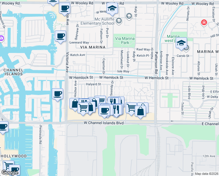 map of restaurants, bars, coffee shops, grocery stores, and more near 627 Halyard Street in Port Hueneme