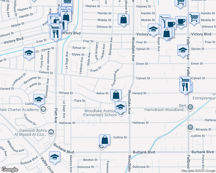 map of restaurants, bars, coffee shops, grocery stores, and more near 23325 Bessemer Street in Los Angeles