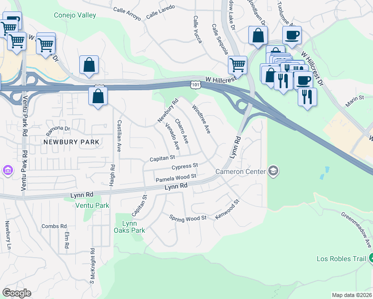 map of restaurants, bars, coffee shops, grocery stores, and more near 133 Charro Avenue in Thousand Oaks