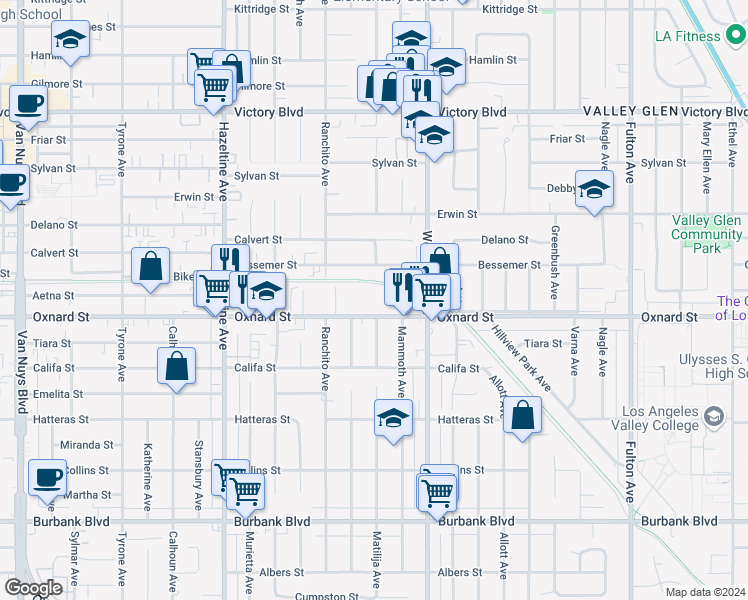 map of restaurants, bars, coffee shops, grocery stores, and more near 13801 Oxnard Street in Los Angeles