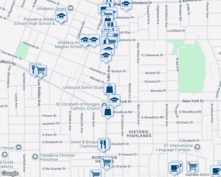 map of restaurants, bars, coffee shops, grocery stores, and more near 2000 Lake Avenue in Altadena