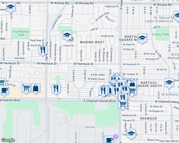 map of restaurants, bars, coffee shops, grocery stores, and more near 135 East Fiesta Green in Port Hueneme