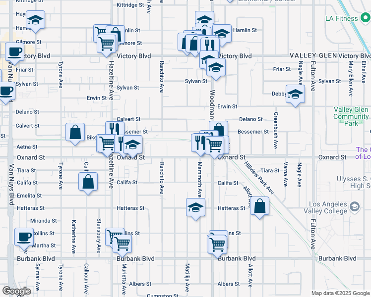 map of restaurants, bars, coffee shops, grocery stores, and more near 13801 Oxnard Street in Los Angeles