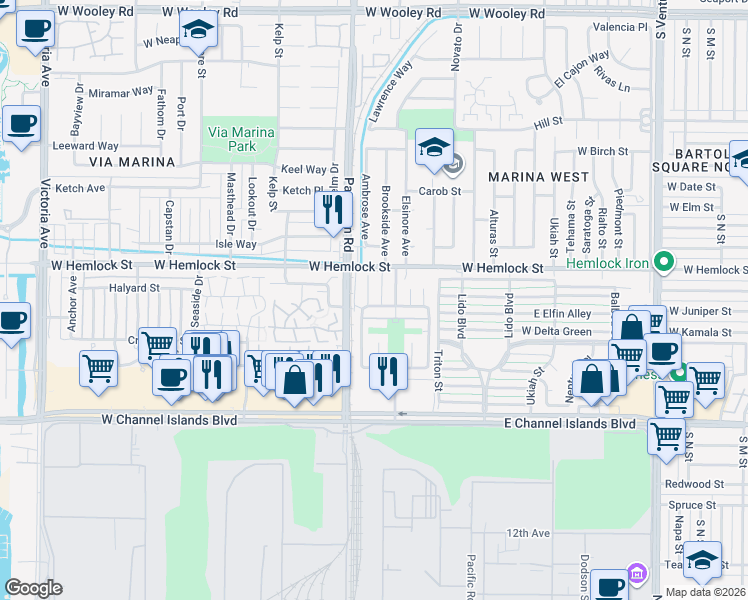 map of restaurants, bars, coffee shops, grocery stores, and more near 2708 Wendy Place in Port Hueneme
