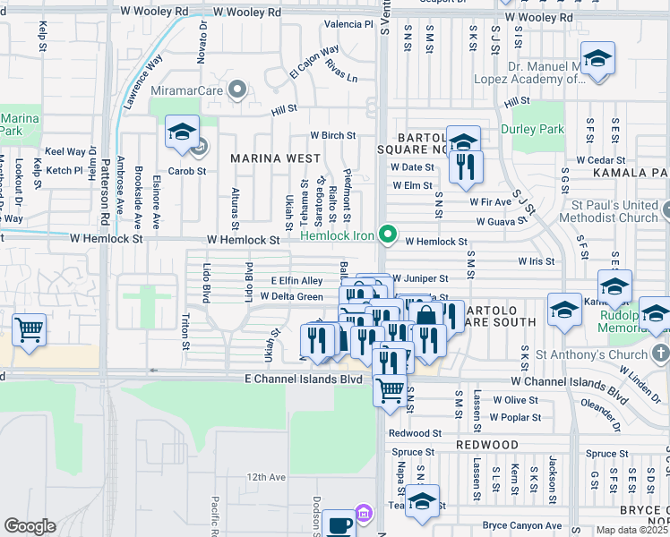map of restaurants, bars, coffee shops, grocery stores, and more near 285 East Fiesta Green in Port Hueneme