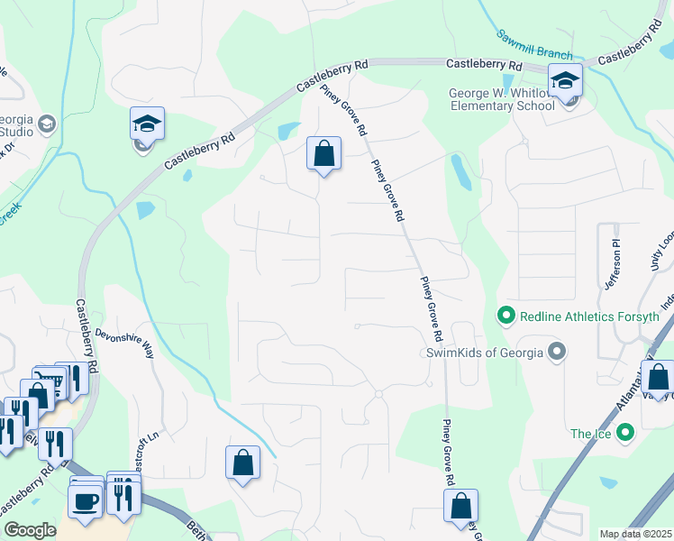 map of restaurants, bars, coffee shops, grocery stores, and more near 4820 Oak Grove Drive in Cumming