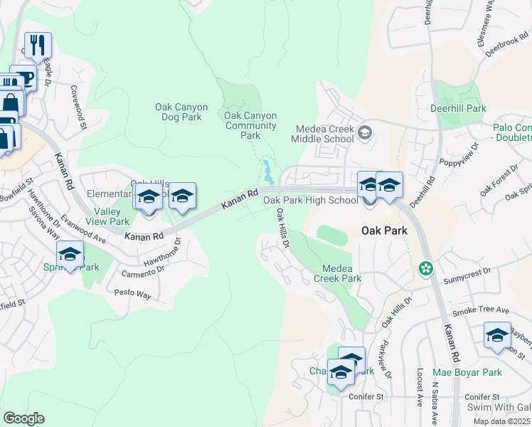 map of restaurants, bars, coffee shops, grocery stores, and more near 5580 Spanish Oak Lane in Oak Park