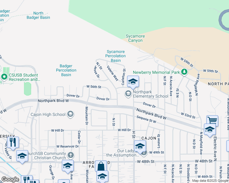 map of restaurants, bars, coffee shops, grocery stores, and more near North Campus Avenue in San Bernardino County