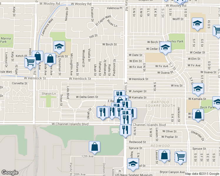 map of restaurants, bars, coffee shops, grocery stores, and more near 285 East Fiesta Green in Port Hueneme