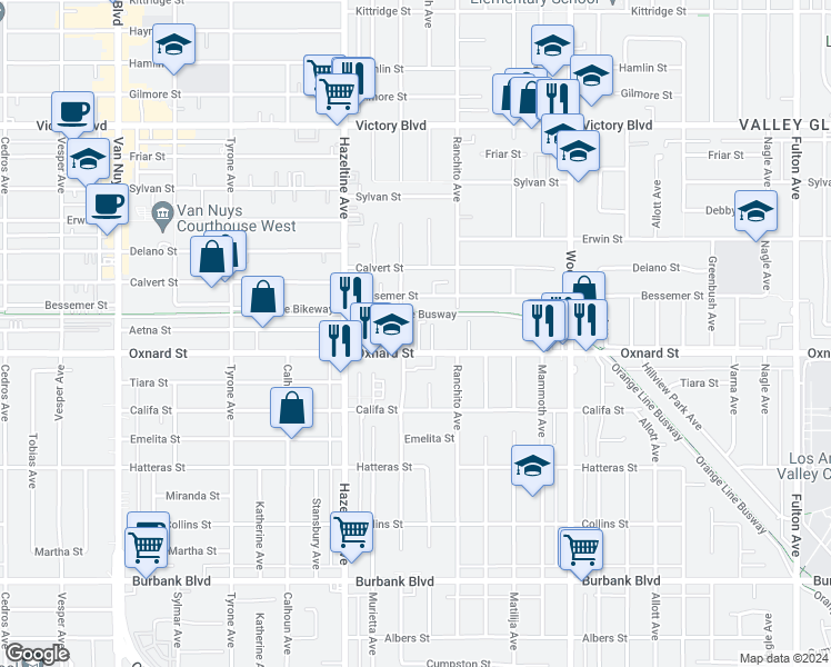 map of restaurants, bars, coffee shops, grocery stores, and more near 13955 Oxnard Street in Los Angeles