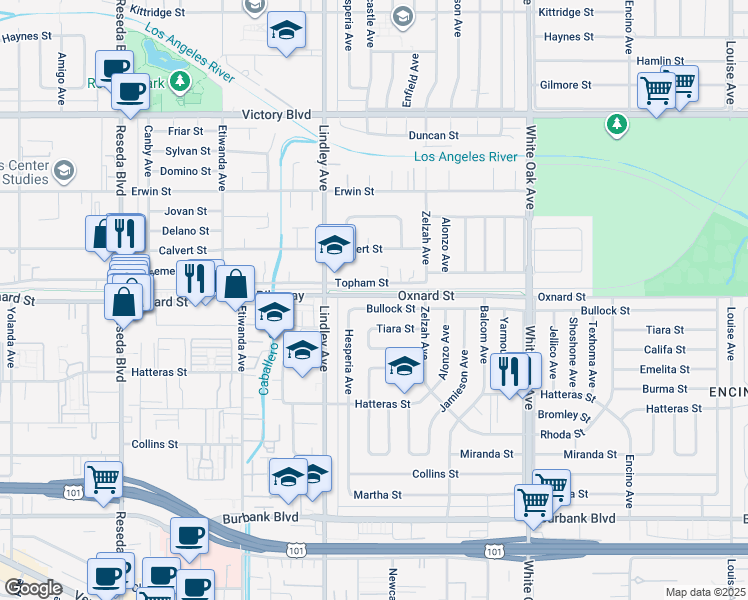 map of restaurants, bars, coffee shops, grocery stores, and more near 18010 Oxnard Street in Los Angeles