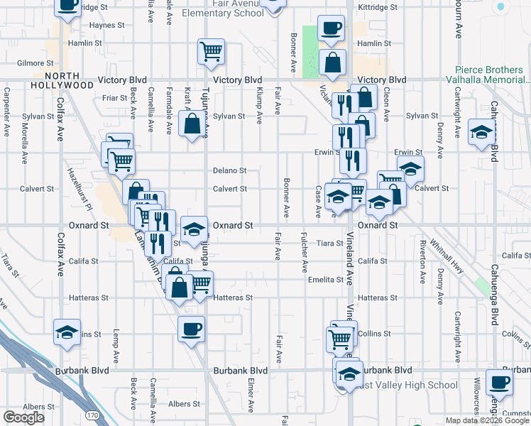 map of restaurants, bars, coffee shops, grocery stores, and more near 6032 Klump Avenue in Los Angeles