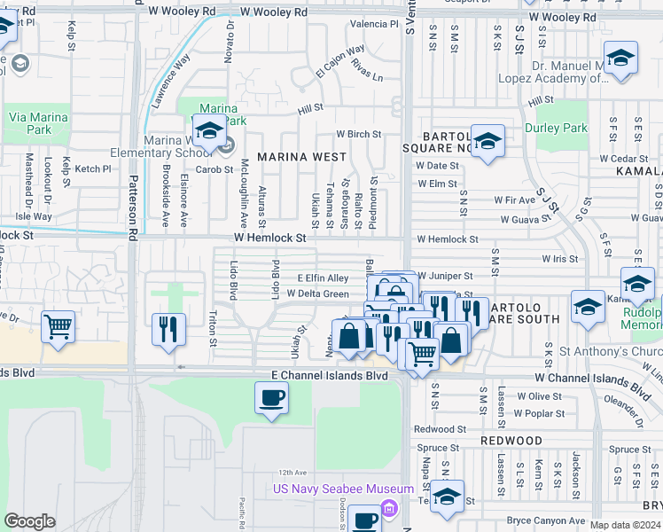 map of restaurants, bars, coffee shops, grocery stores, and more near 225 East Fiesta Green in Port Hueneme
