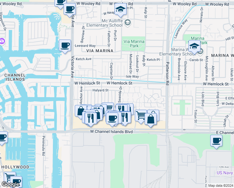 map of restaurants, bars, coffee shops, grocery stores, and more near 2630 Rudder Avenue in Port Hueneme