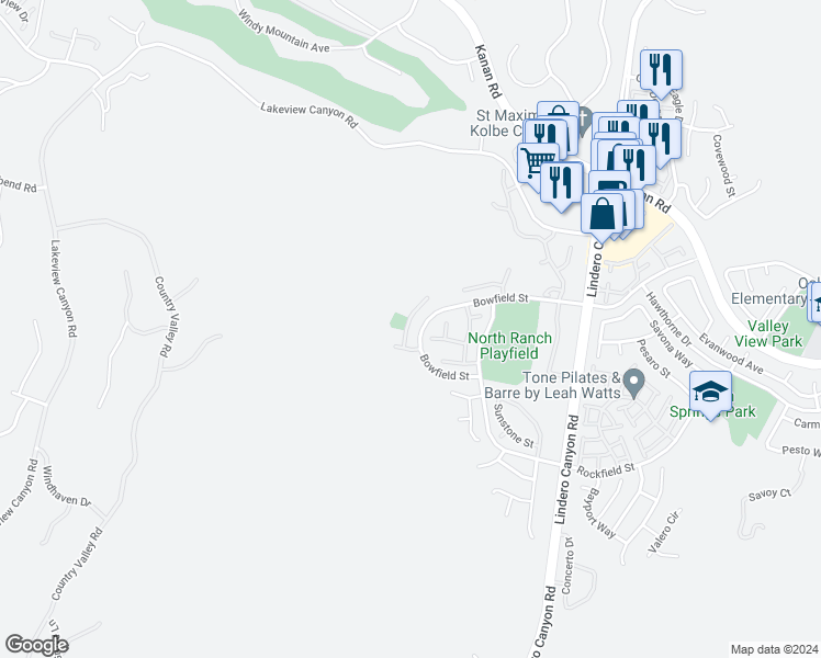 map of restaurants, bars, coffee shops, grocery stores, and more near 946 Blue Mountain Circle in Westlake Village