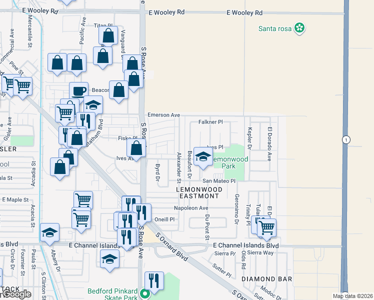 map of restaurants, bars, coffee shops, grocery stores, and more near 1920 Beaufort Drive in Oxnard
