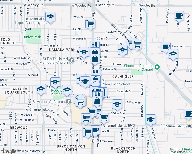 map of restaurants, bars, coffee shops, grocery stores, and more near 2016 Saviers Road in Oxnard