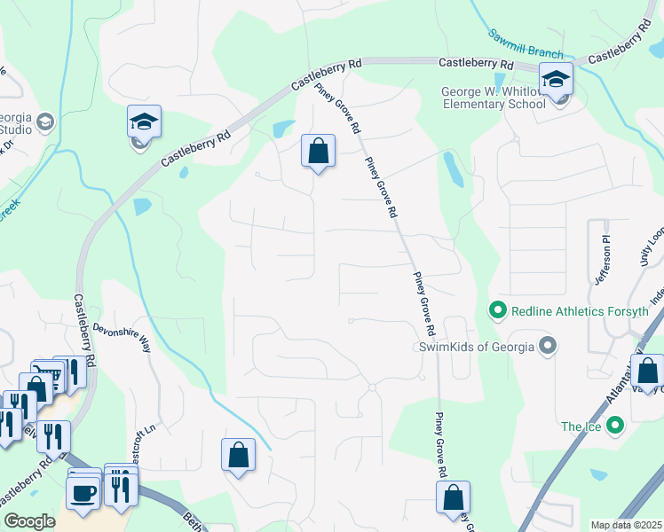 map of restaurants, bars, coffee shops, grocery stores, and more near 5245 Kings Common Way in Cumming