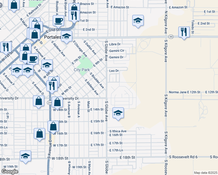 map of restaurants, bars, coffee shops, grocery stores, and more near 1100 Megan Court in Portales