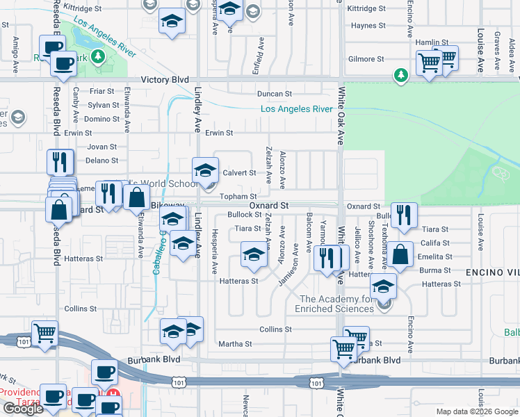 map of restaurants, bars, coffee shops, grocery stores, and more near 18010 West Oxnard Street in Los Angeles