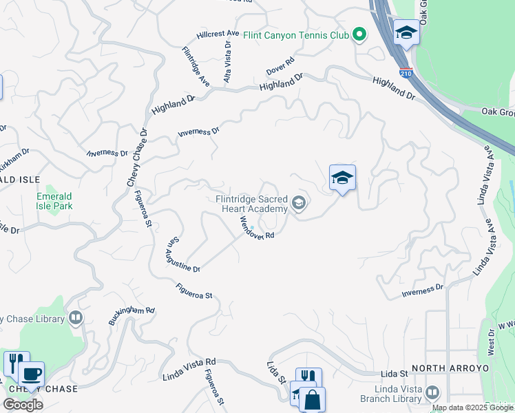 map of restaurants, bars, coffee shops, grocery stores, and more near 732 Saint Katherine Drive in La Cañada Flintridge