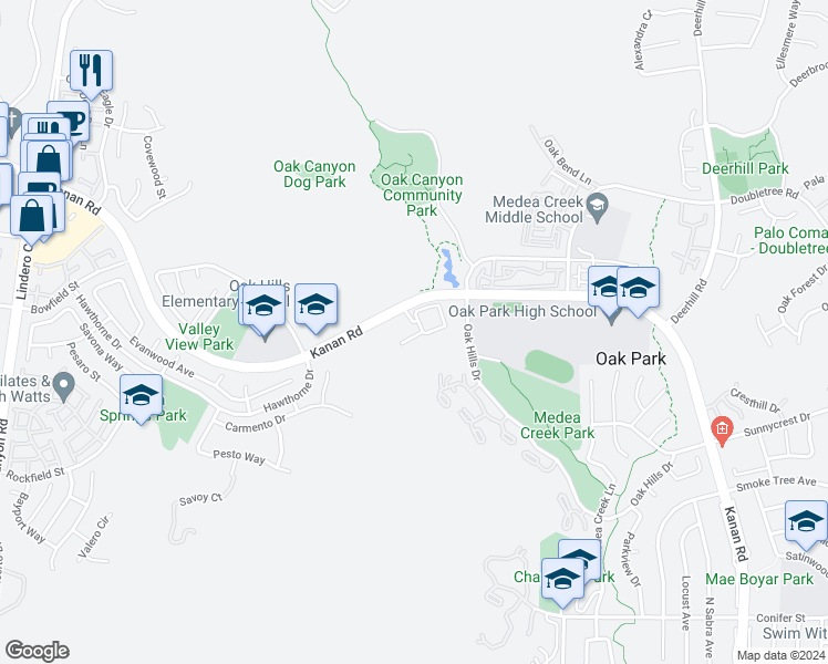 map of restaurants, bars, coffee shops, grocery stores, and more near 5473 Spanish Oak Lane in Oak Park