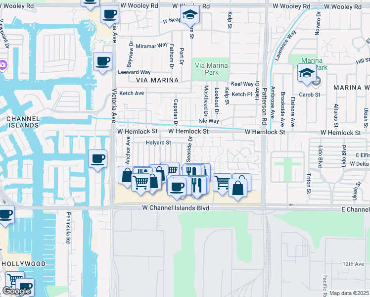 map of restaurants, bars, coffee shops, grocery stores, and more near 2630 Rudder Avenue in Port Hueneme