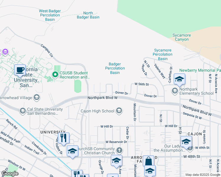 map of restaurants, bars, coffee shops, grocery stores, and more near 5548 Westwind Drive in San Bernardino