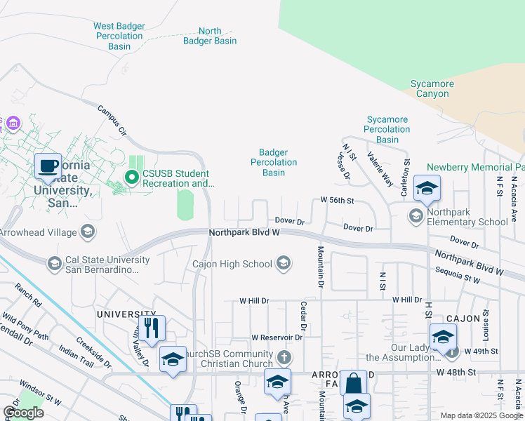 map of restaurants, bars, coffee shops, grocery stores, and more near 5548 Westwind Drive in San Bernardino