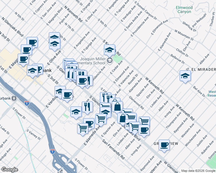 map of restaurants, bars, coffee shops, grocery stores, and more near 515 East Elmwood Avenue in Burbank