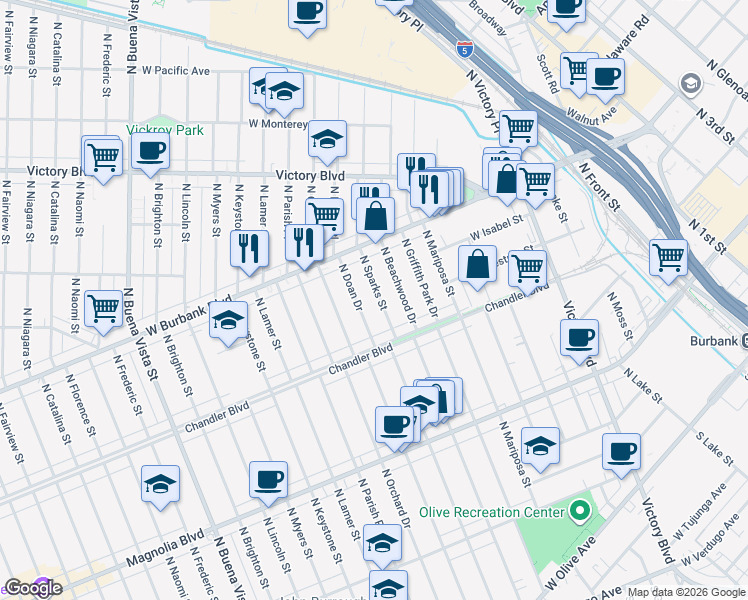 map of restaurants, bars, coffee shops, grocery stores, and more near 743 North Sparks Street in Burbank
