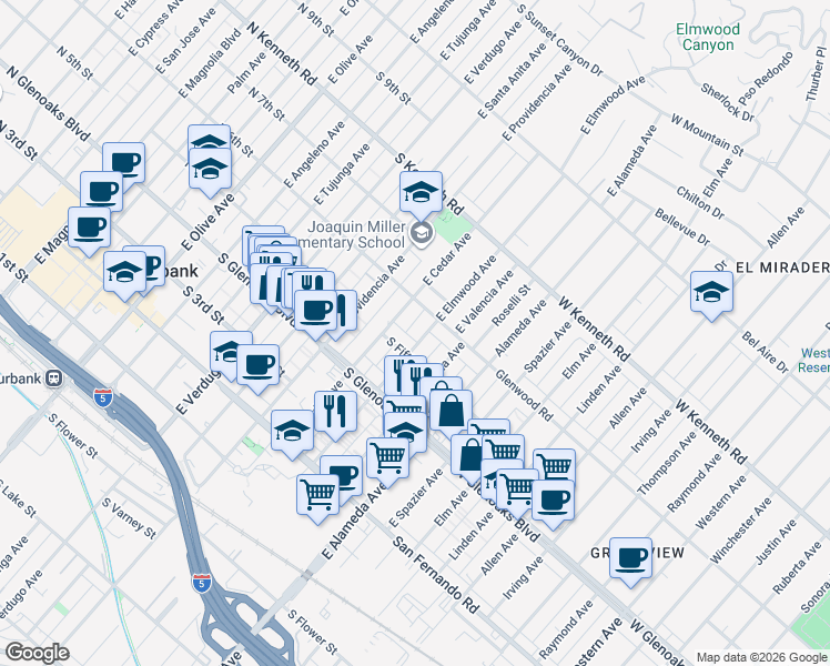 map of restaurants, bars, coffee shops, grocery stores, and more near 533 East Elmwood Avenue in Burbank