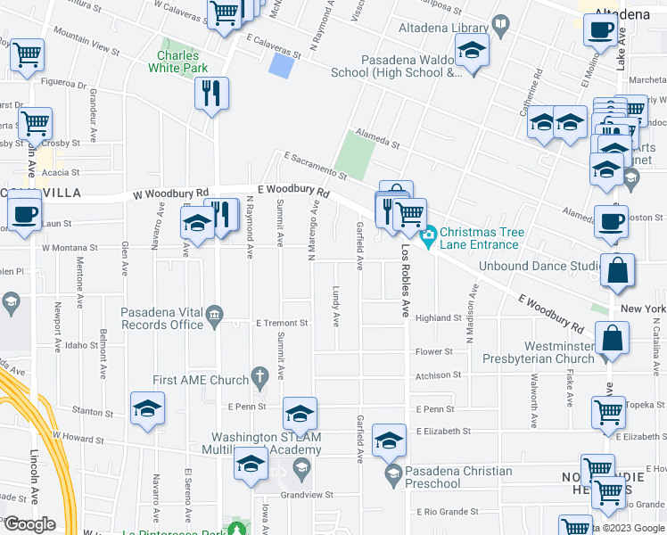 map of restaurants, bars, coffee shops, grocery stores, and more near 268 East Montana Street in Pasadena