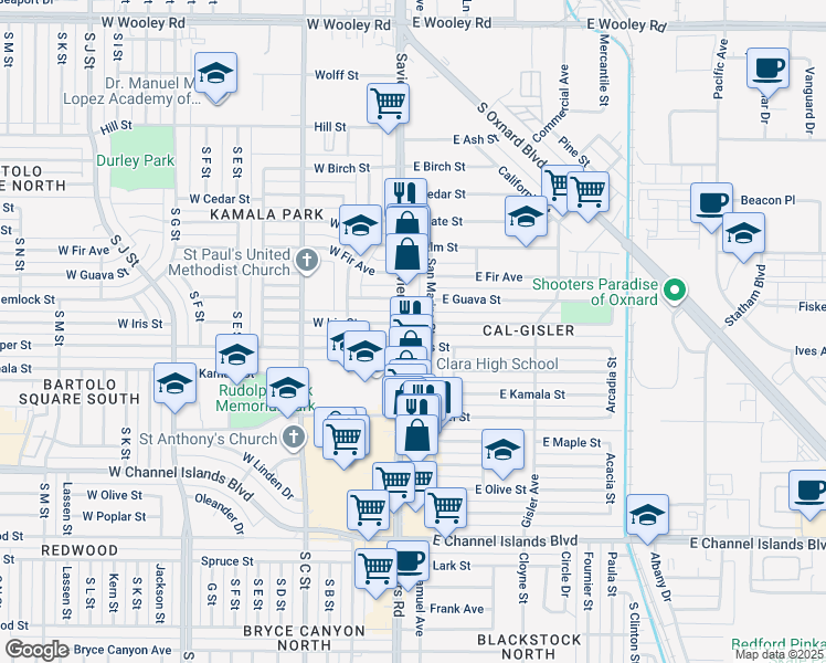 map of restaurants, bars, coffee shops, grocery stores, and more near 2016 Saviers Road in Oxnard