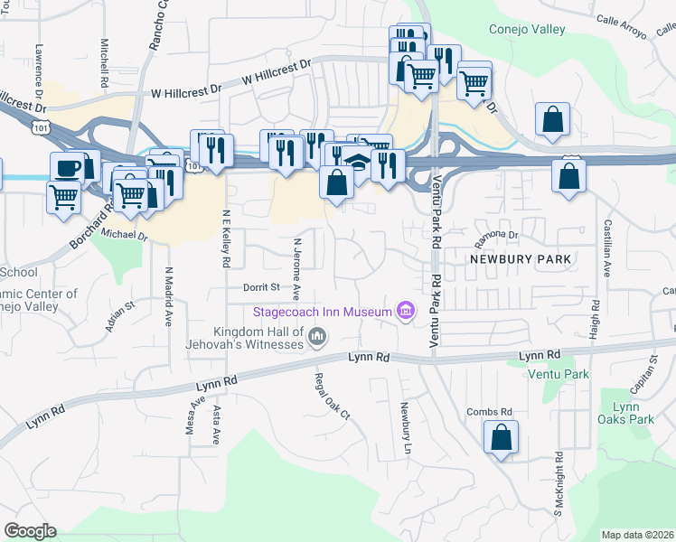 map of restaurants, bars, coffee shops, grocery stores, and more near 1699 Ramona Drive in Thousand Oaks
