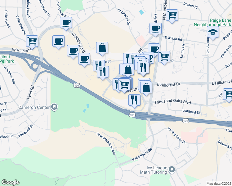 map of restaurants, bars, coffee shops, grocery stores, and more near 148 W Hillcrest Dr in Thousand Oaks